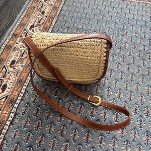Woven Straw Crossbody Bag with Brown Leather Details
